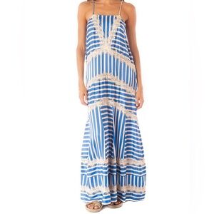 Maaji Azure Stripes Rosalia Long Dress Blue White Stripe Lace Back Plunge M New